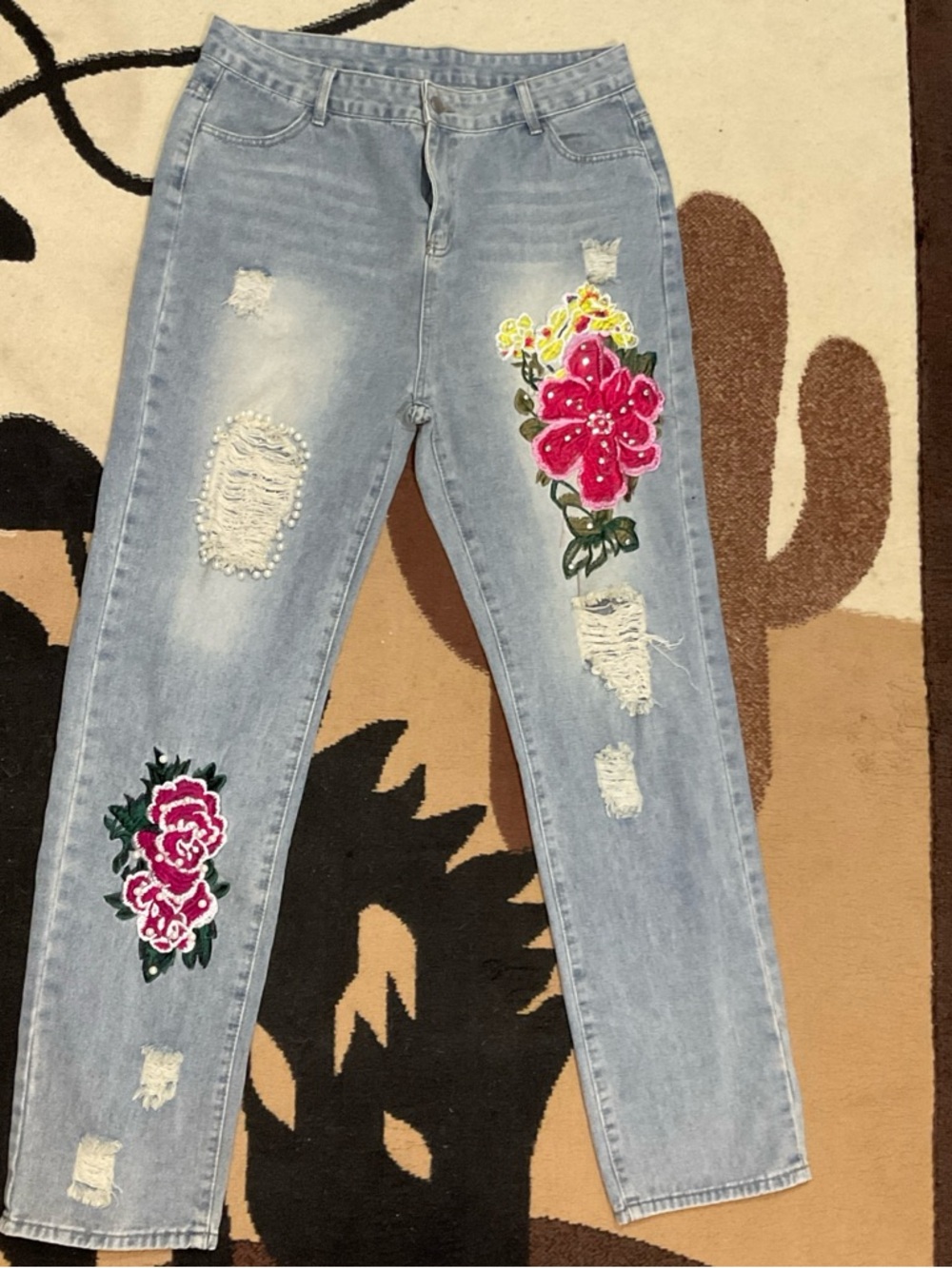 Light Blue Straight-Leg Jeans with Pink Floral Embroidery